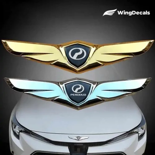 2Pcs For Perodua P2 Logo Car Front Hood Ornaments Bonnet Metal Decoration Logo Angel Wings Stickers